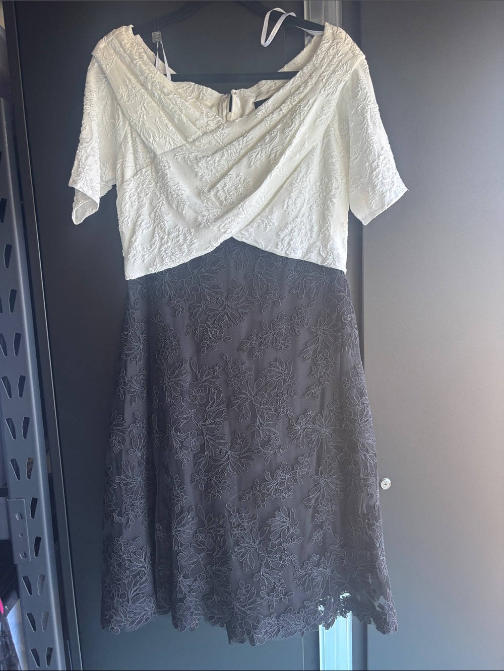 Tadashi Shoji White and Black Lace One-Shoulder Fit & Flare Dress
